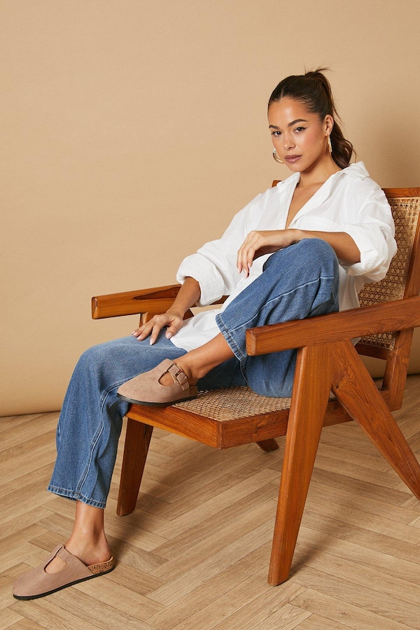 Oasis Emmeline Faux Suede T Bar Mary Jane Closed Toe Footbed Mules Taupe