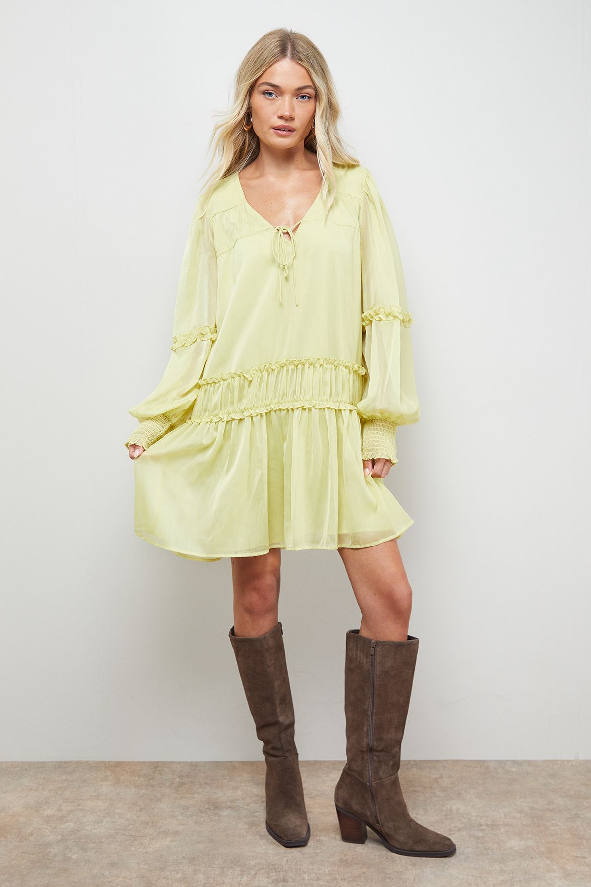 Oasis Plain Chiffon Shirred Front Tie Neck Mini Dress Olive image 2