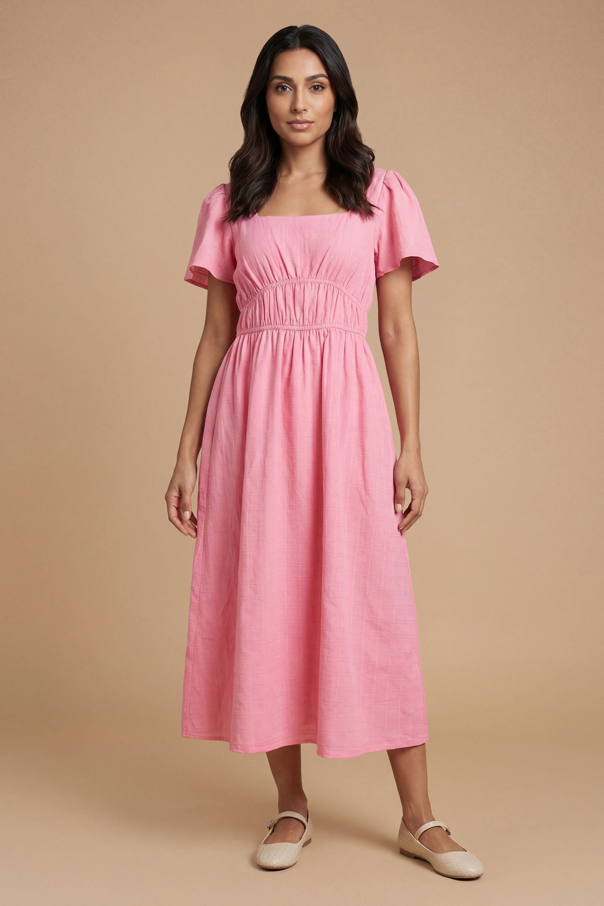 Dorothy Perkins Petite Angel Sleeve Elasticated Waist Dobby Cotton Midi Dress Pink