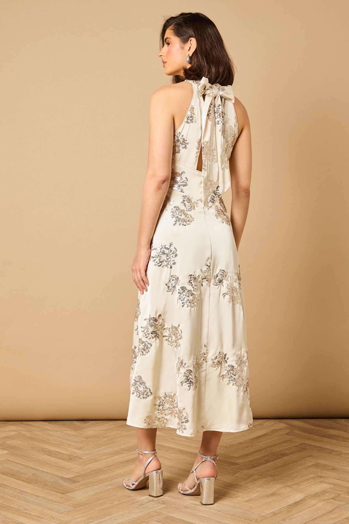 Oasis Sequin Bias Halterneck Midi Dress Champagne image 4