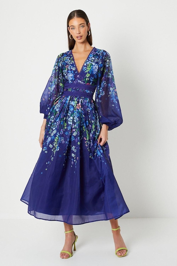 Coast Organza Floral Placement Lace Trim Midaxi Dress Navy