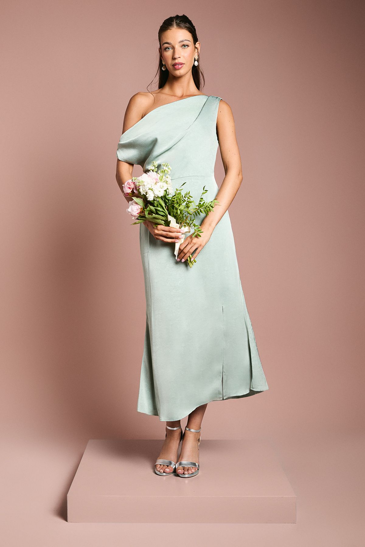 Oasis Fallen Shoulder Satin Bridesmaid Midi Dress Sage