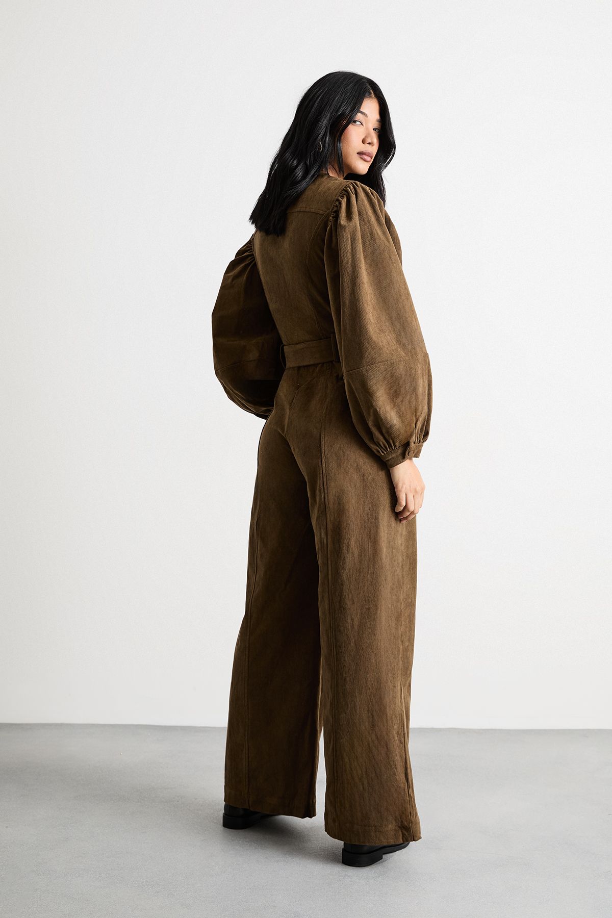 Warehouse Cord Zip Through Belted Jumpsuit Chocolate image 3