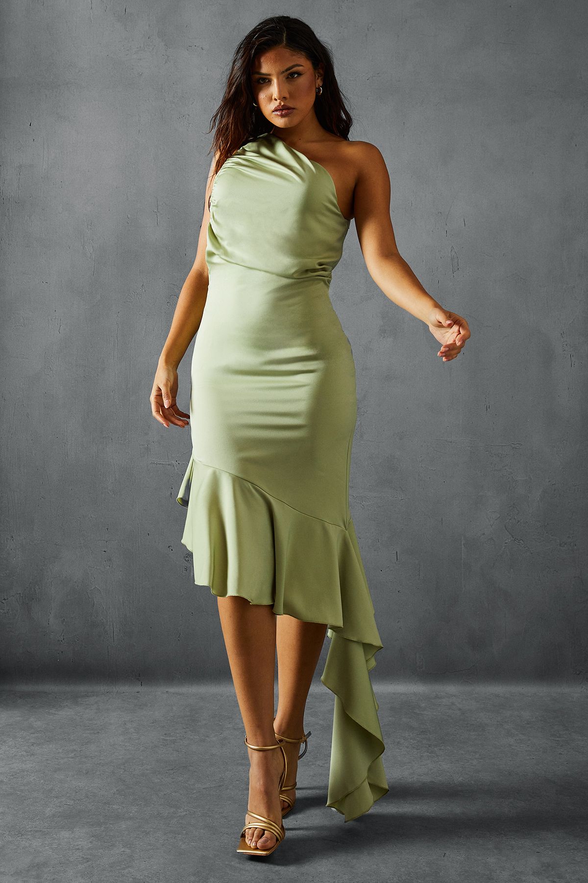 MissPap Premium Asymmetric Frill Hem Bridesmaid Dress Sage image 1
