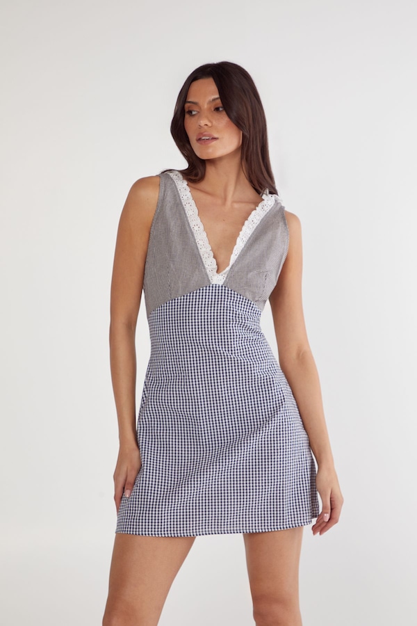 NastyGal Gingham Mix Broderie Ruffle Plunge Mini Dress Mono