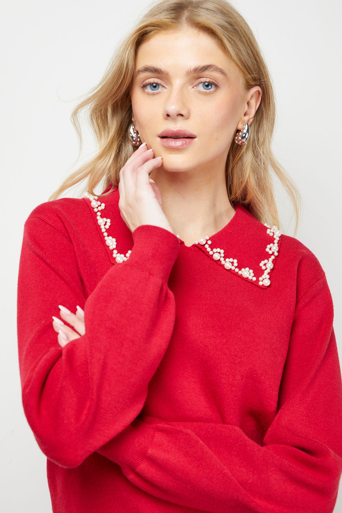 Oasis Embellished Collar Detail Jumper Red image 2