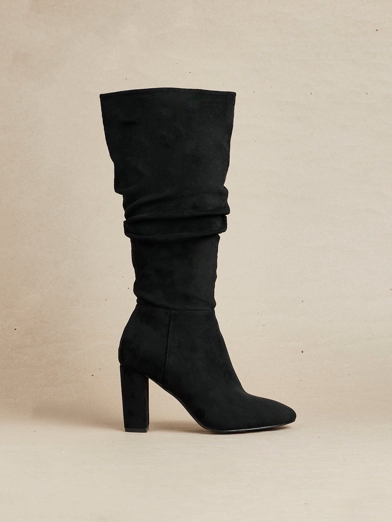 Linzi Aura Black Faux Suede Ruched Knee High Heeled Boot image 2