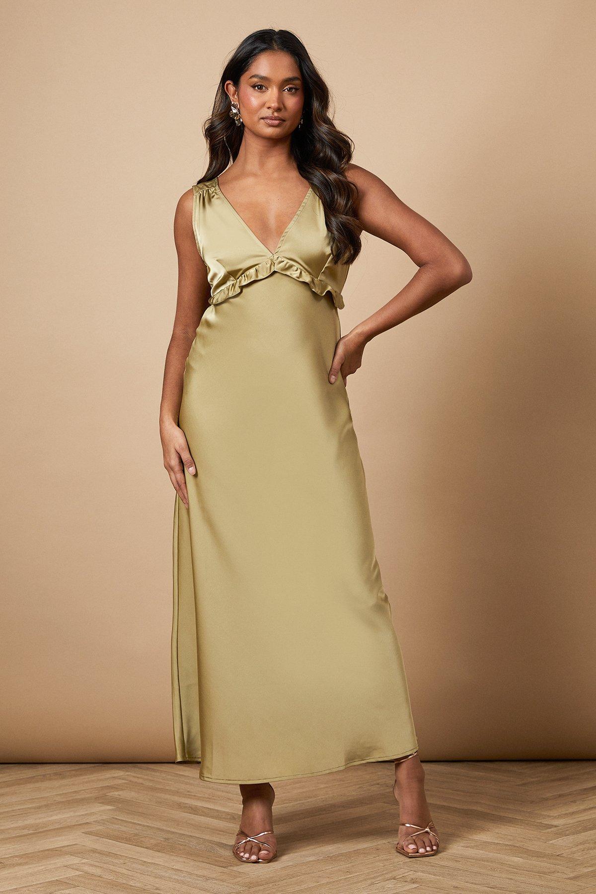 Oasis Satin Ruffle Bust Detail Maxi Dress Sage image 1