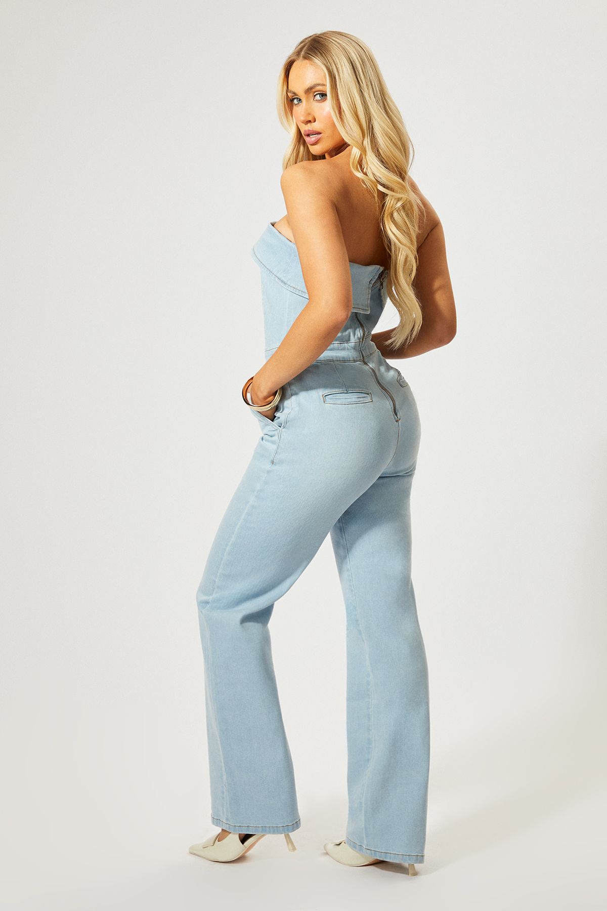 MissPap Fold Over Bandeau Denim Jumpsuit Light Wash image 4