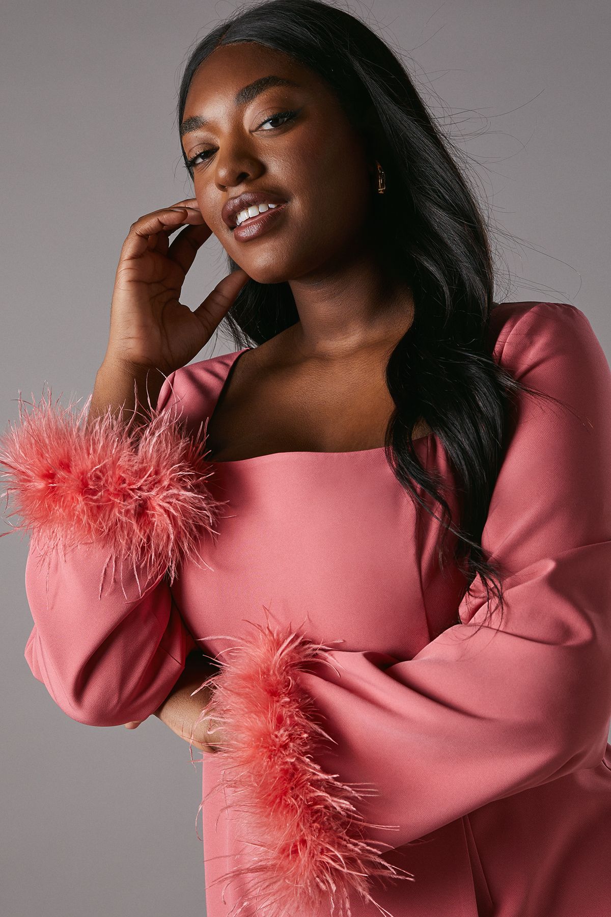 Coast Plus Feather Cuff Long Sleeve Pencil Dress Coral image 5