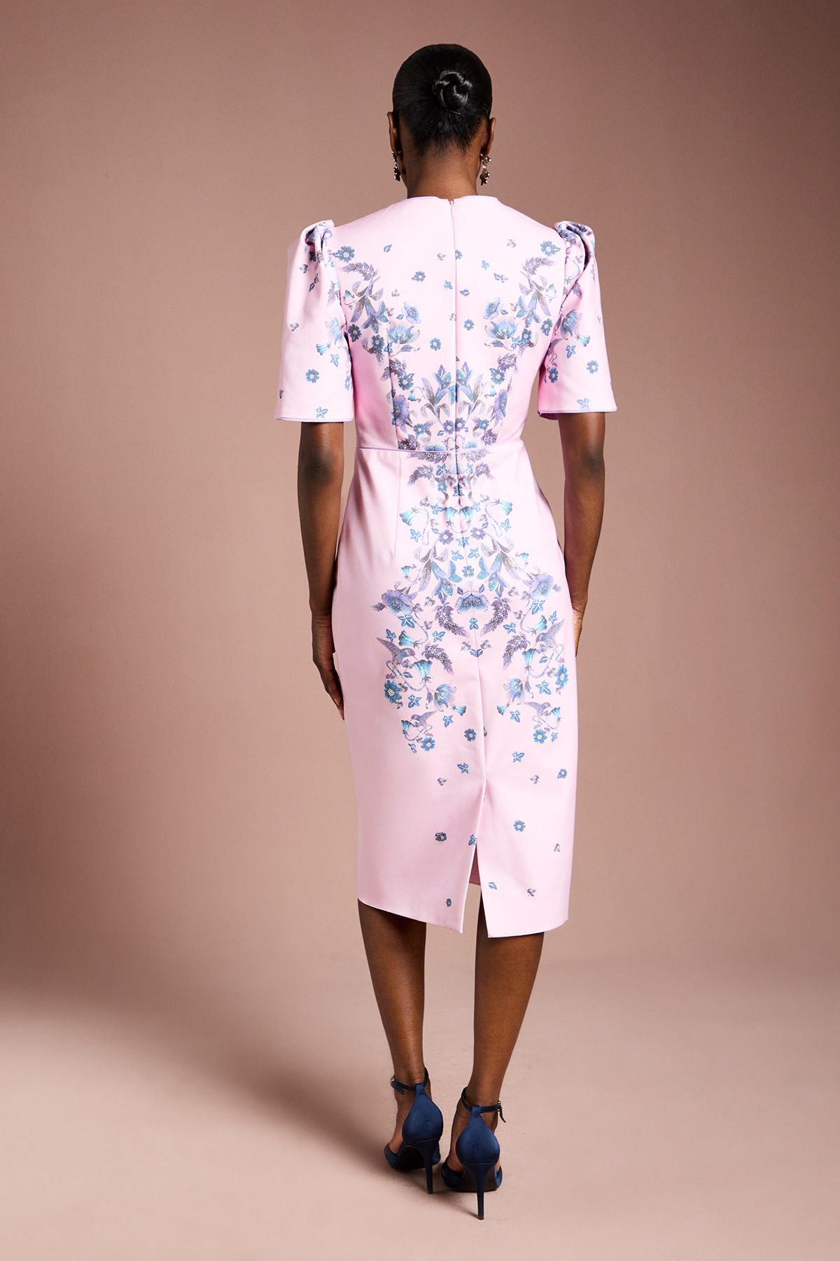 Coast Puff Sleeve Floral Placement Print Structured Cotton Pencil Dress Lilac image 3