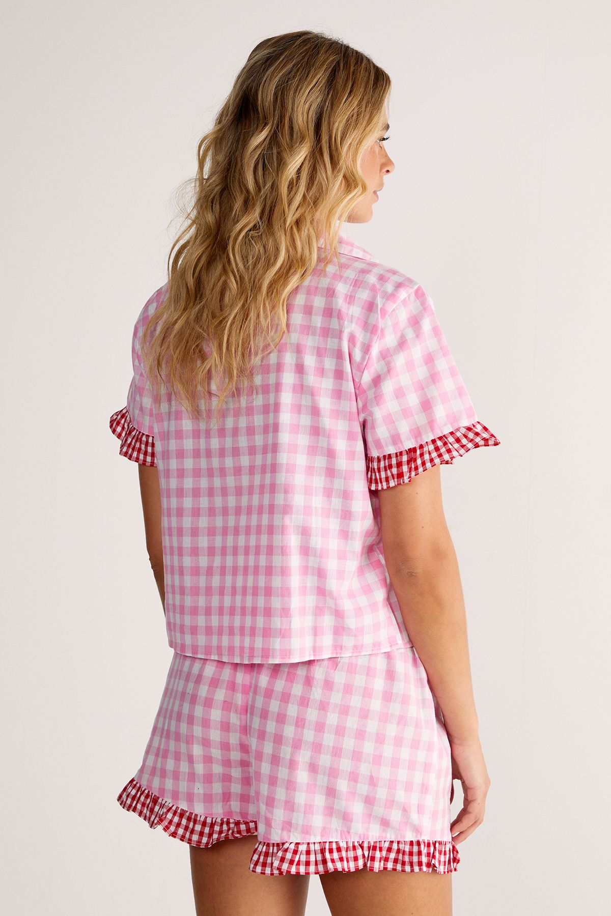 NastyGal Gingham Contrast Ruffle Pajama Shorts Set Pink image 4