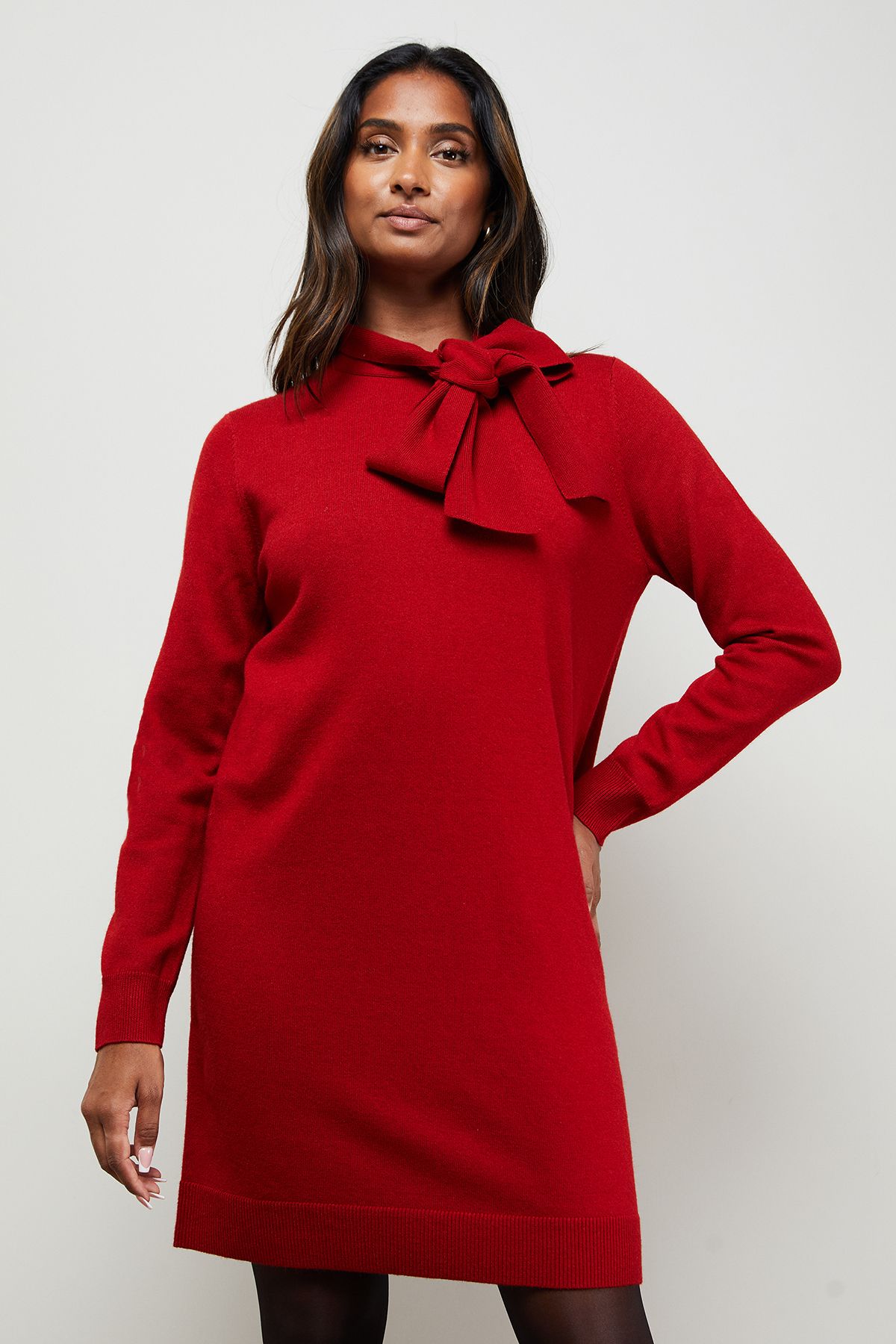 Oasis Pussy Bow Knitted Mini Dress Red image 2