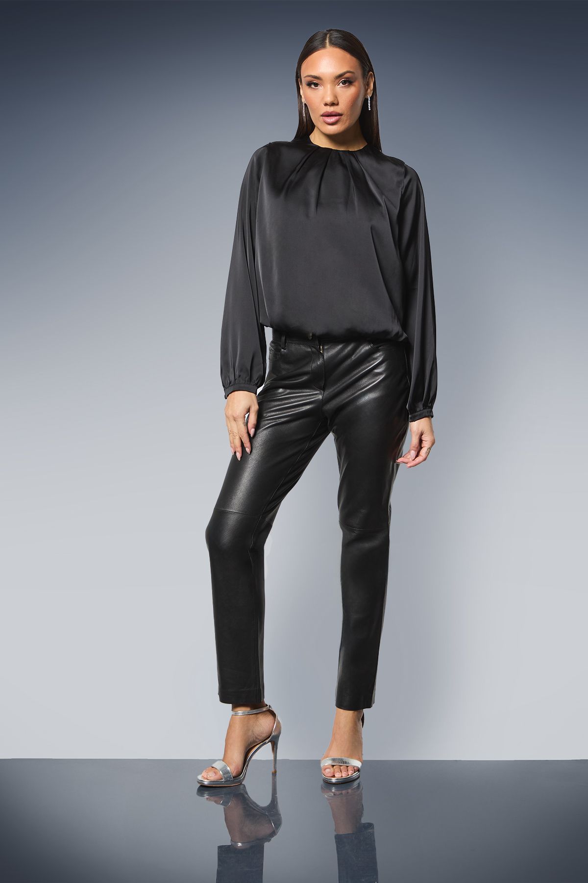 Principles Black Gathered Neck Tie Waist Satin Blouse Black image 1