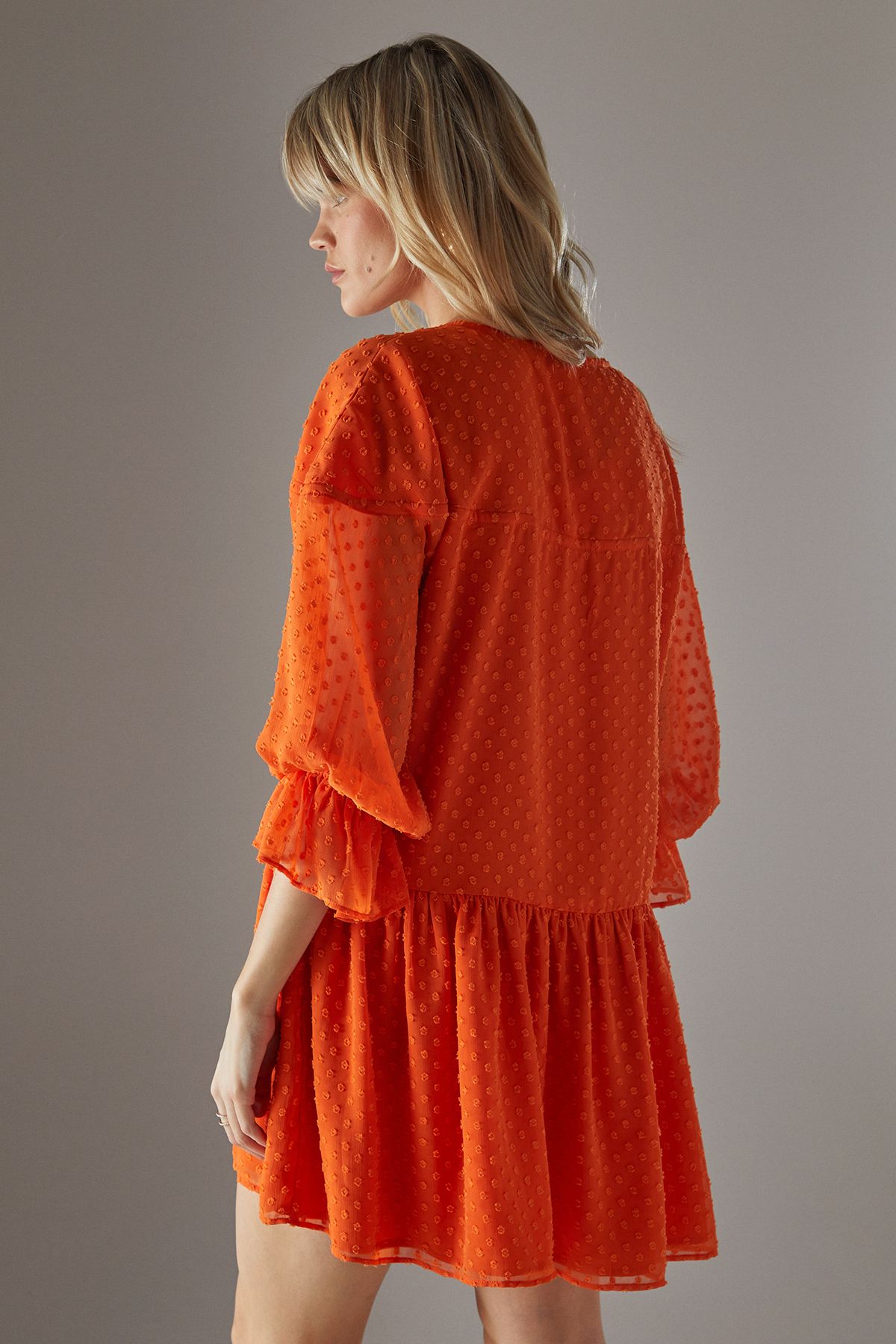 Warehouse Dobby Chiffon Volume Sleeve Smock Mini Dress Orange image 4