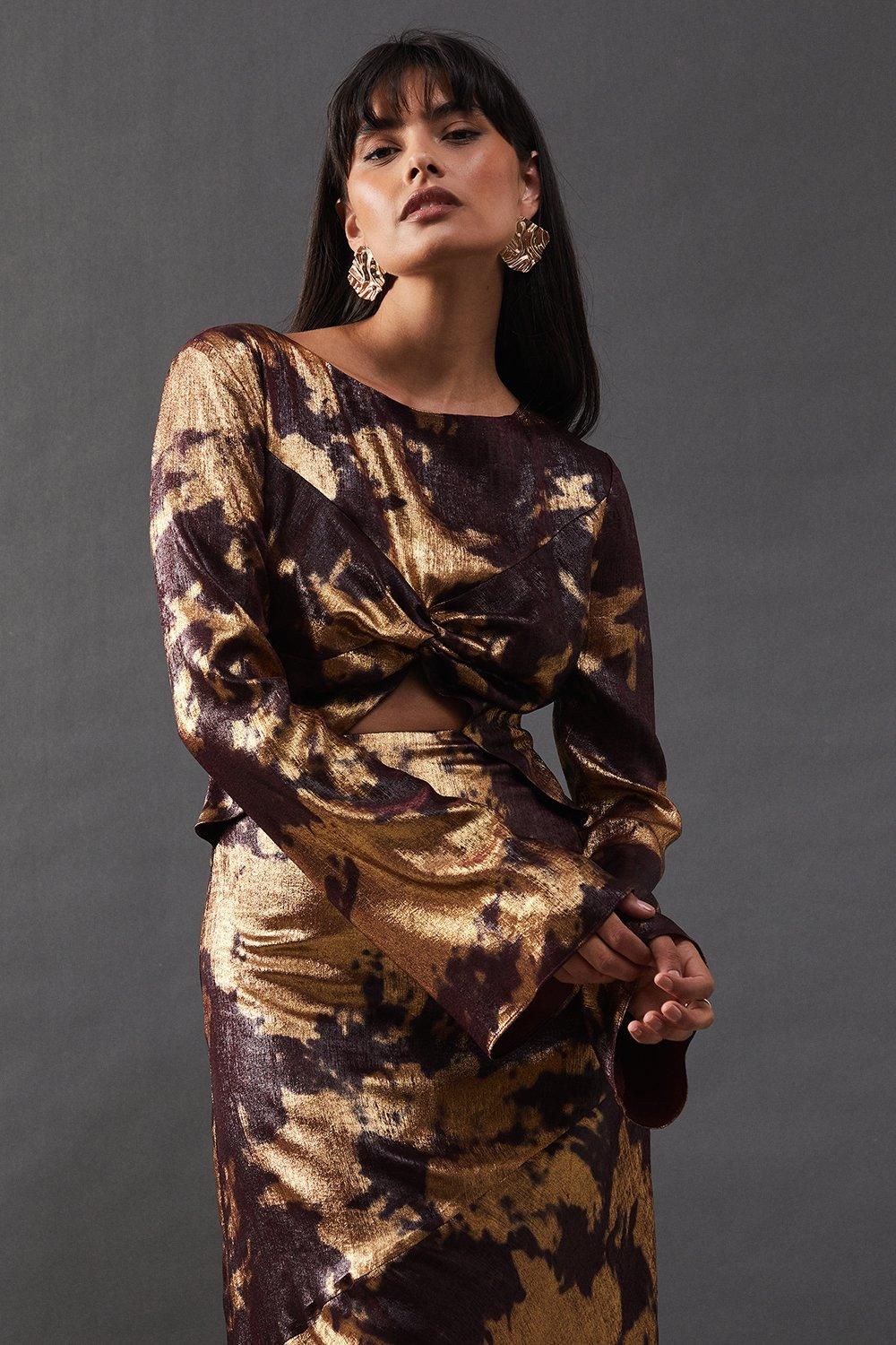 Warehouse Metallic Marble Twist Front Bias Midi Dress Metal image 2