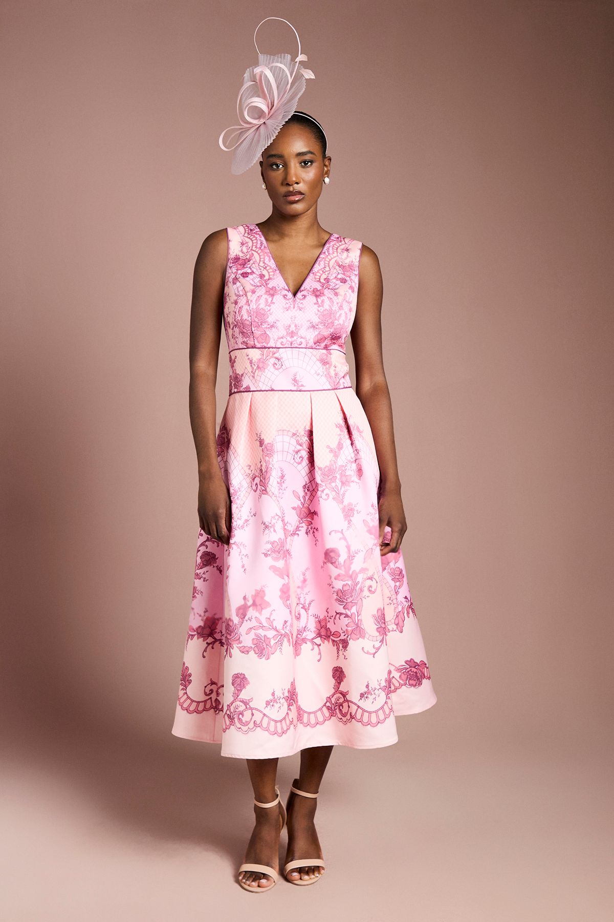 Coast V Neck Structured Satin Placement Print Midi Dress Coral image 1