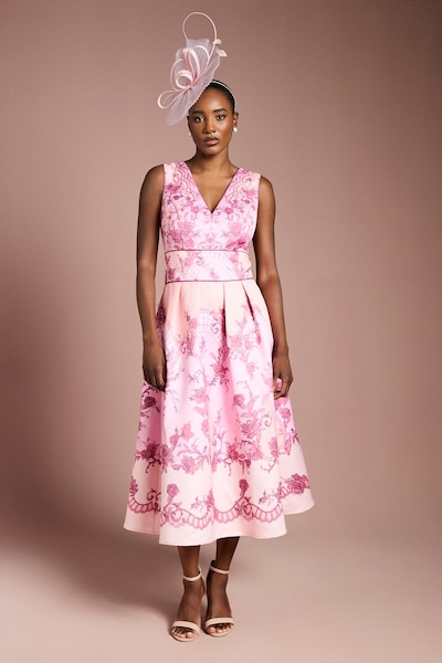 Coast V Neck Structured Satin Placement Print Midi Dress Coral