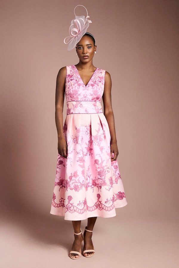 Coast V Neck Structured Satin Placement Print Midi Dress Coral