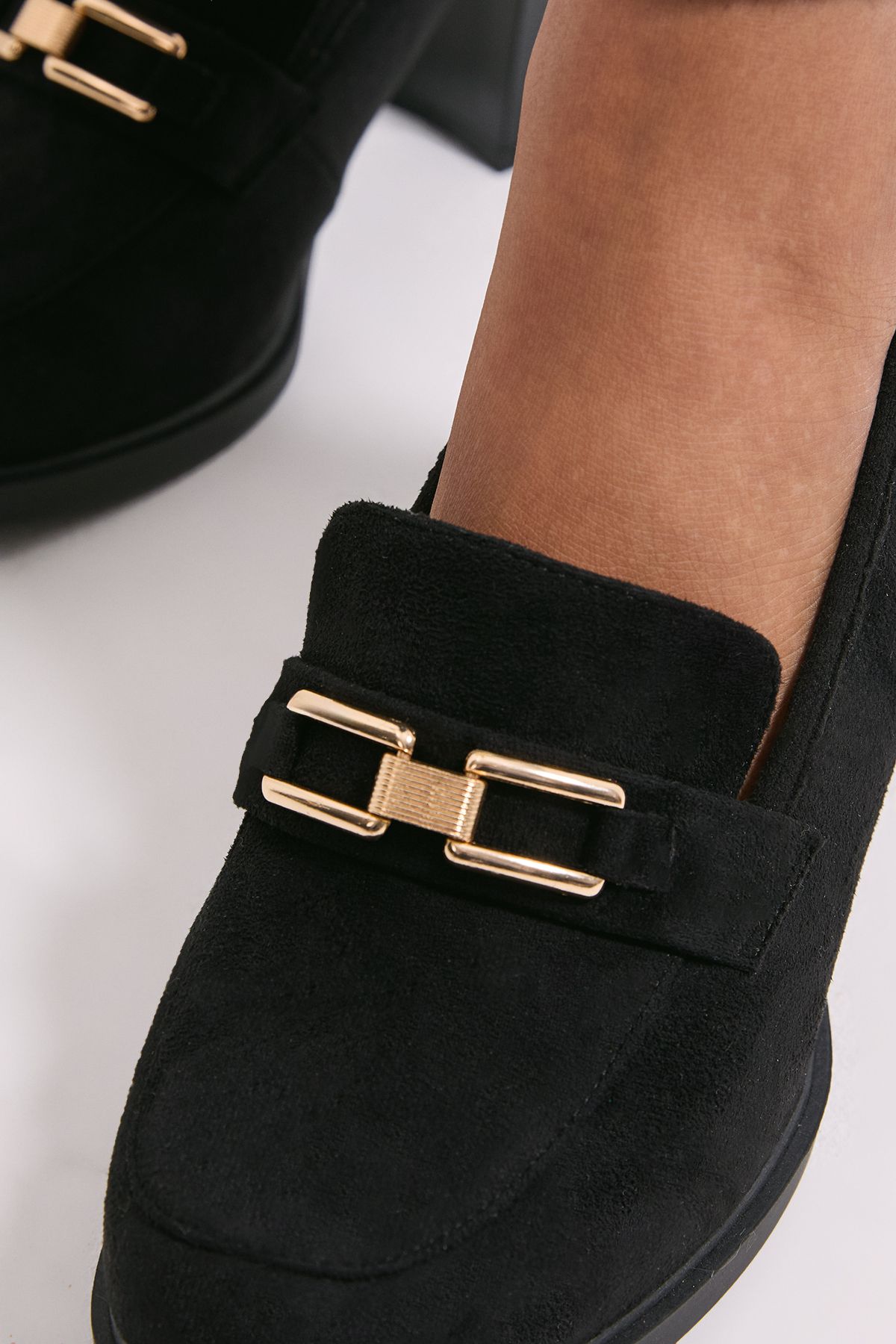 Dorothy Perkins Wide Fit Benita Faux Suede Snaffle Detail High Block Heeled Loafers Natural Black image 4