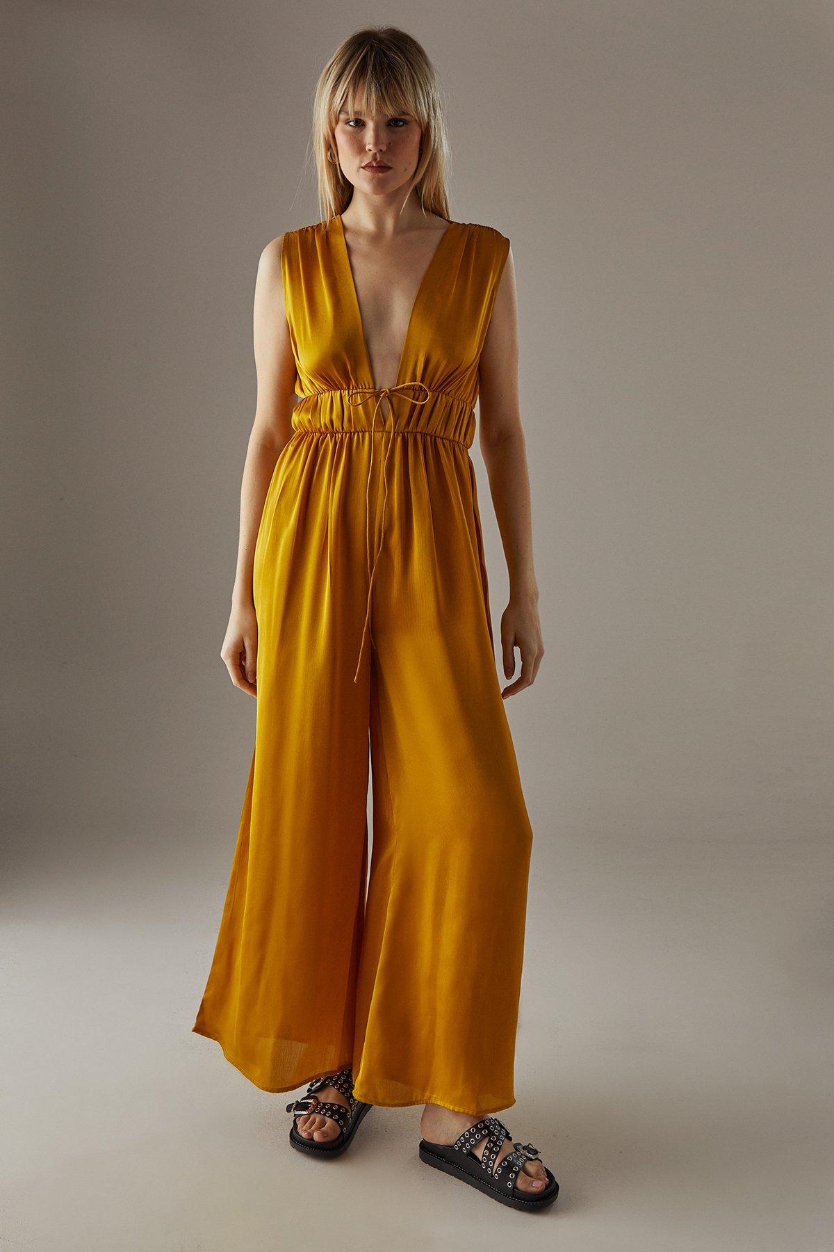 Warehouse Yellow Crinkle Satin Plunge Neck Tie Detail Jumpsuit PLT