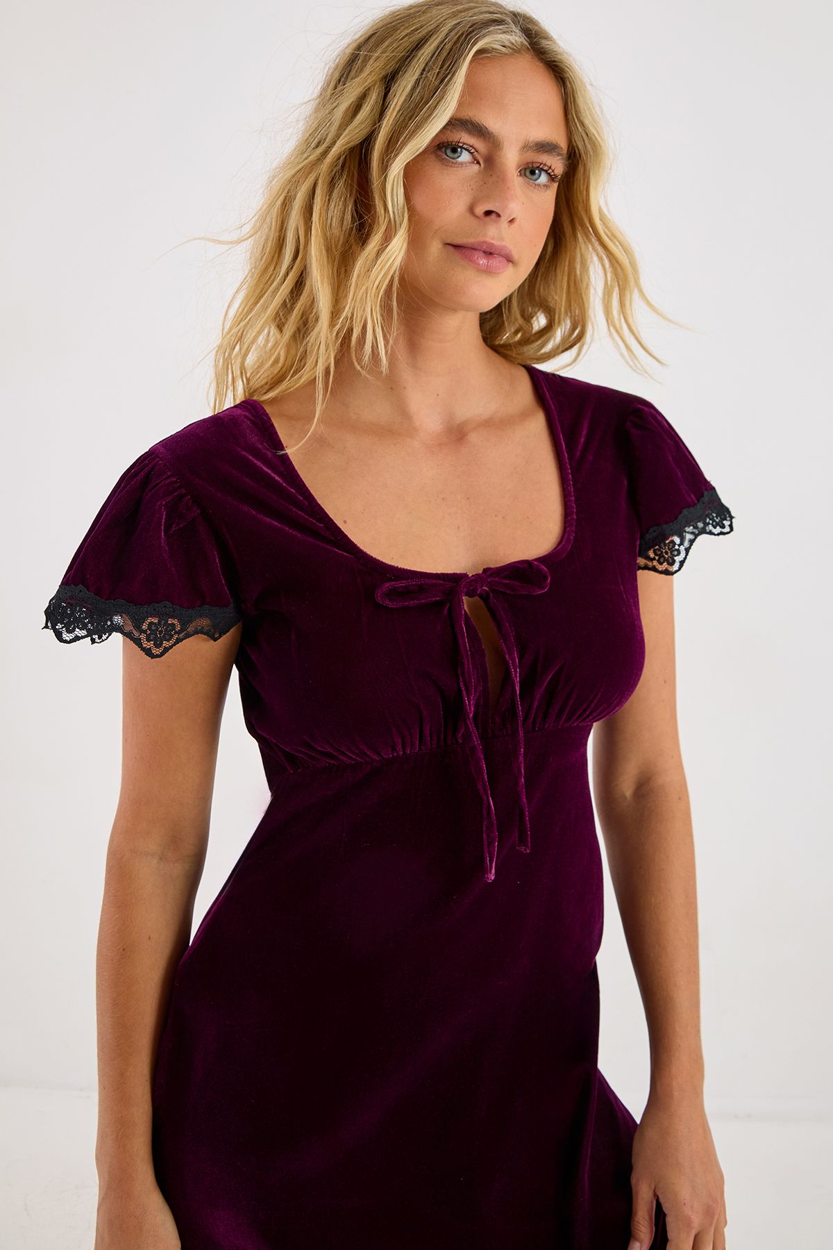 NastyGal Velvet Lace Trim Tie Front Mini Dress Plum image 3