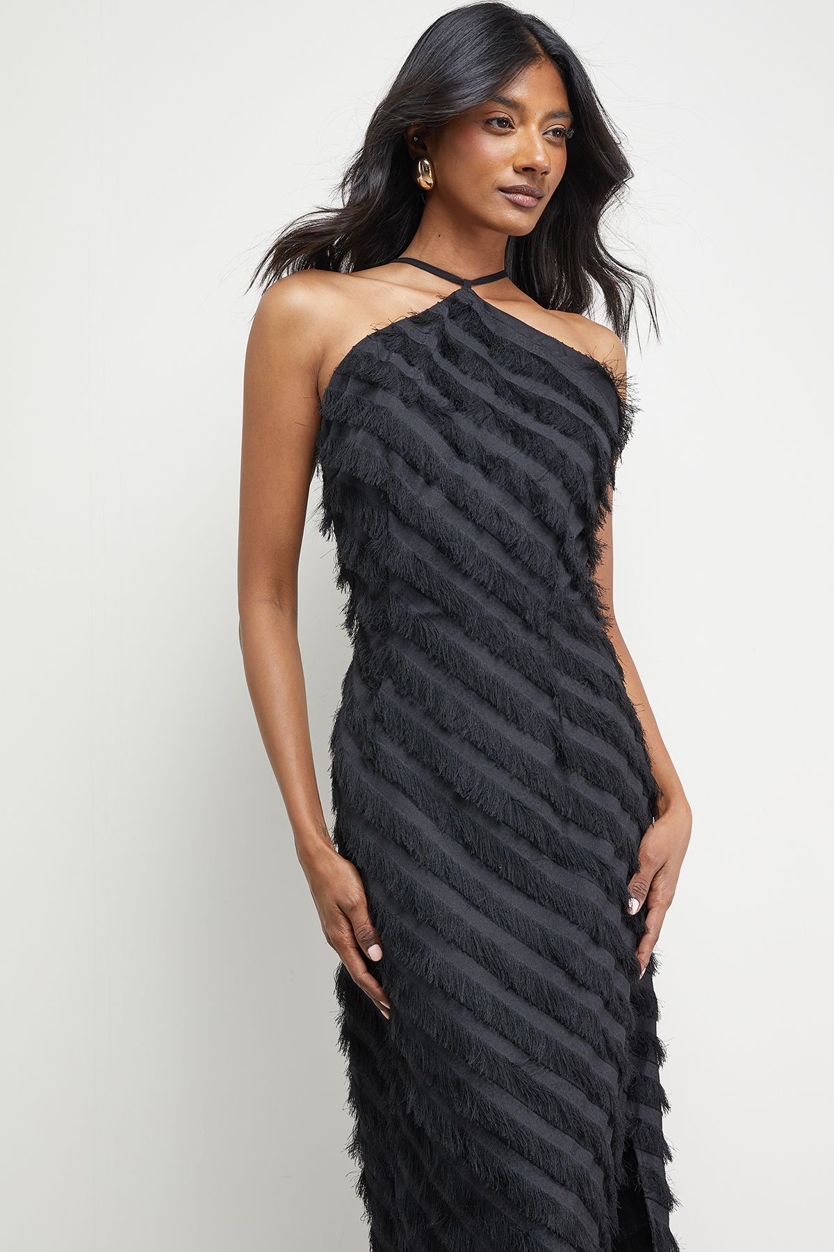 Warehouse Diagonal Fluffy Halter Maxi Dress Black image 4