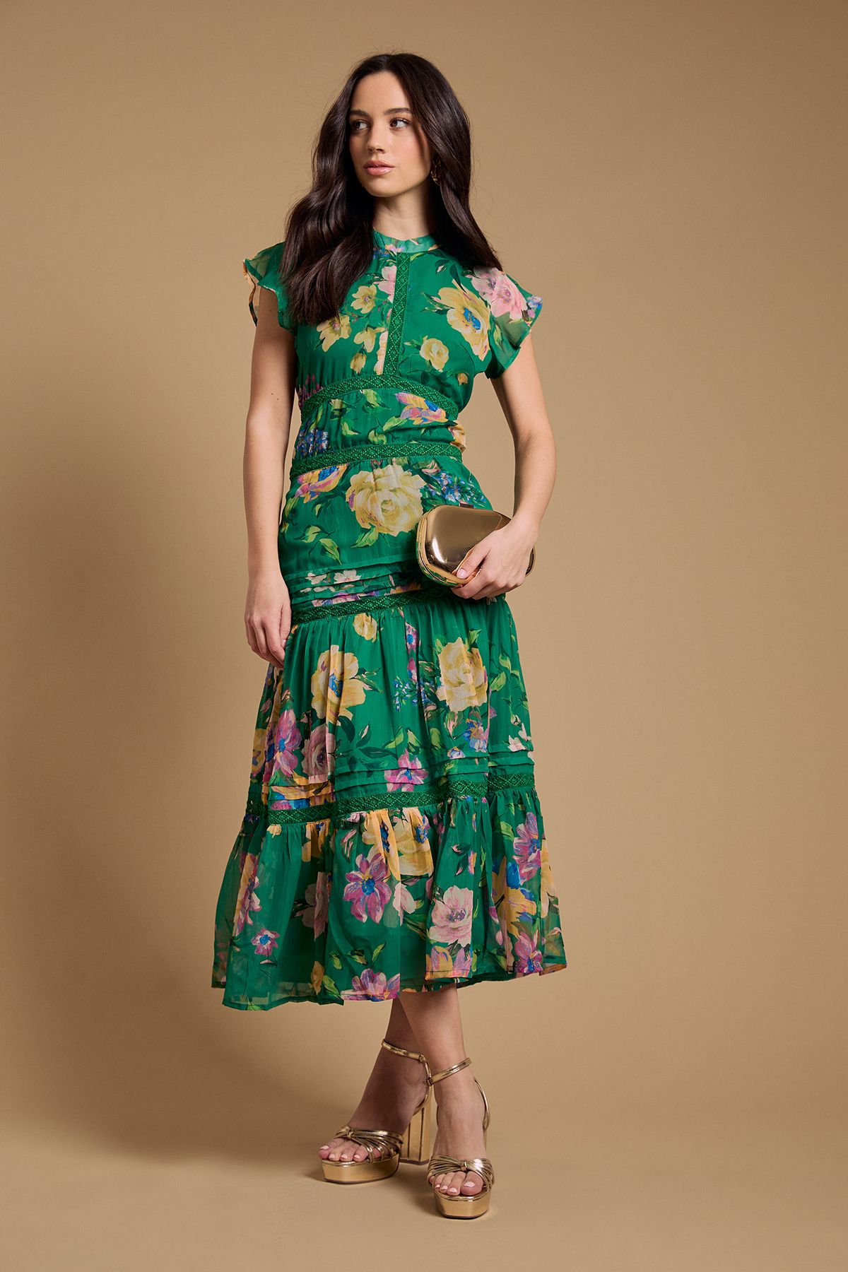 Oasis (QM) Floral Printed Chiffon Lace Insert Dress Green