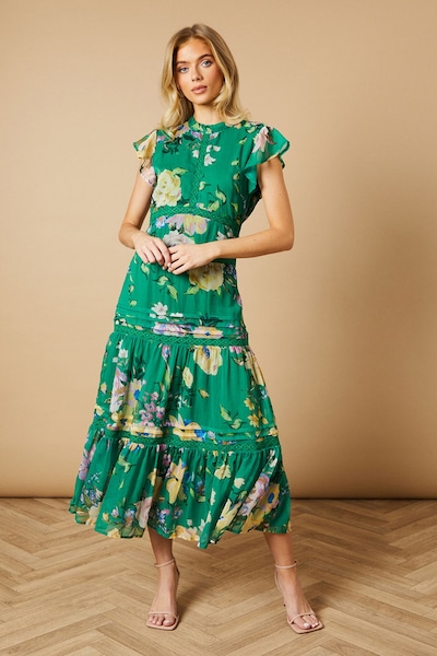 Oasis Floral Printed Chiffon Lace Insert Dress Green