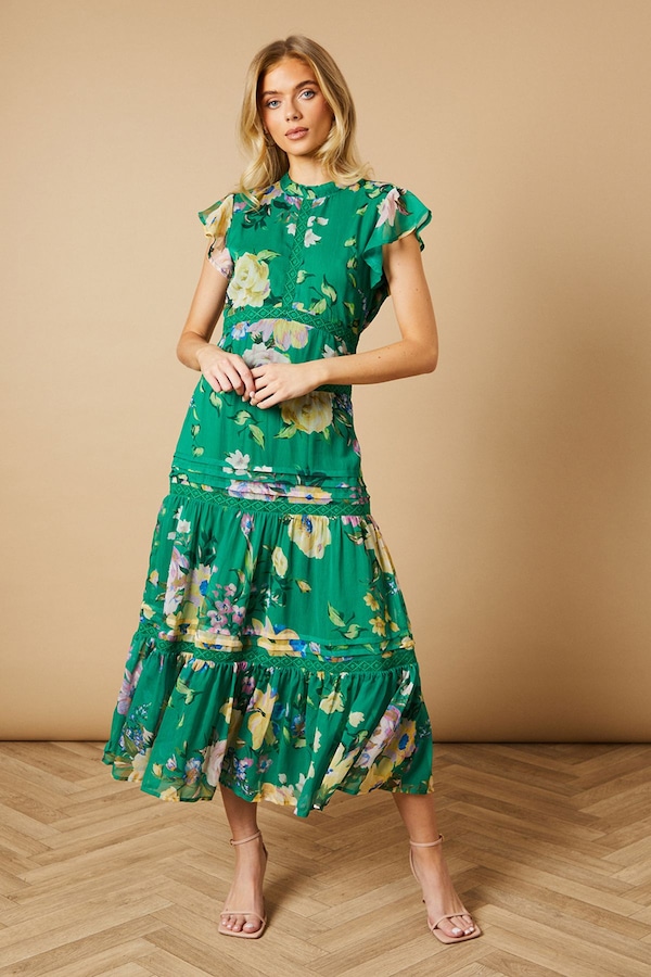 Oasis Floral Printed Chiffon Lace Insert Dress Green
