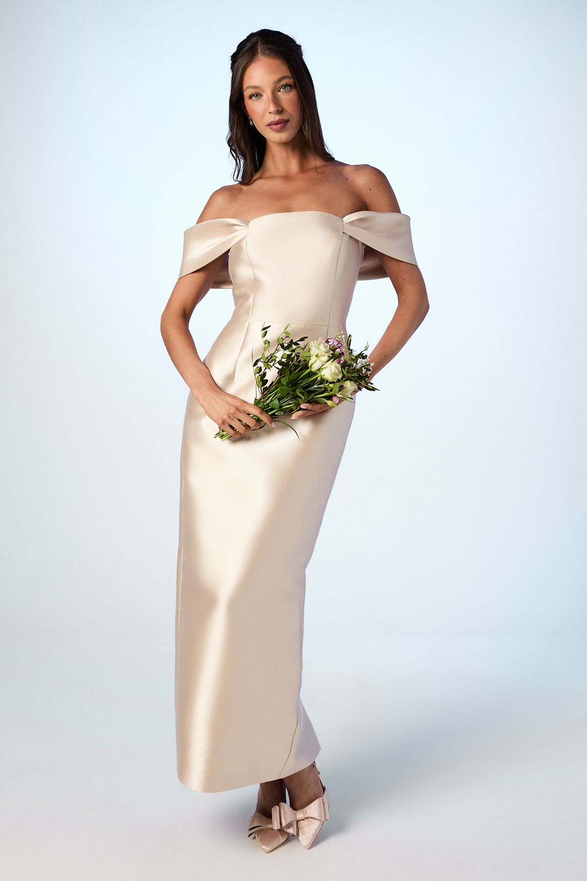 Coast Coast Honoured Twill Bardot Column Midi Bridesmaid Dress Champagne image 1