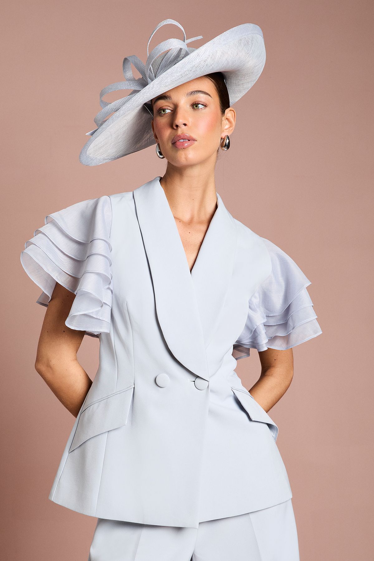 Coast Lisa Tan Frill Sleeve Statement Blazer Blue