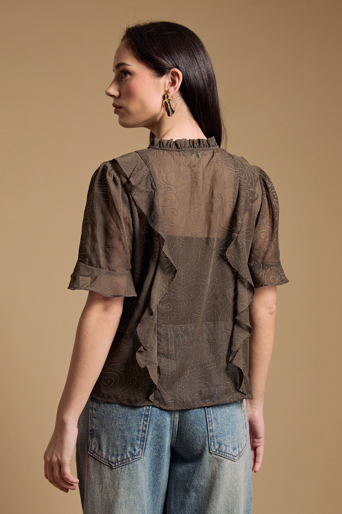 Oasis Tie Neck Frill Babydoll Blouse Khaki image 3