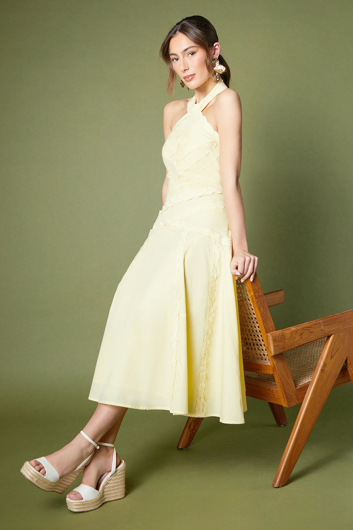 Coast Halter Neck Lace Trim Midi Dress Lemon image 1