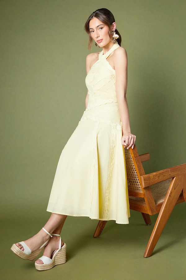 Coast Halter Neck Lace Trim Midi Dress Lemon