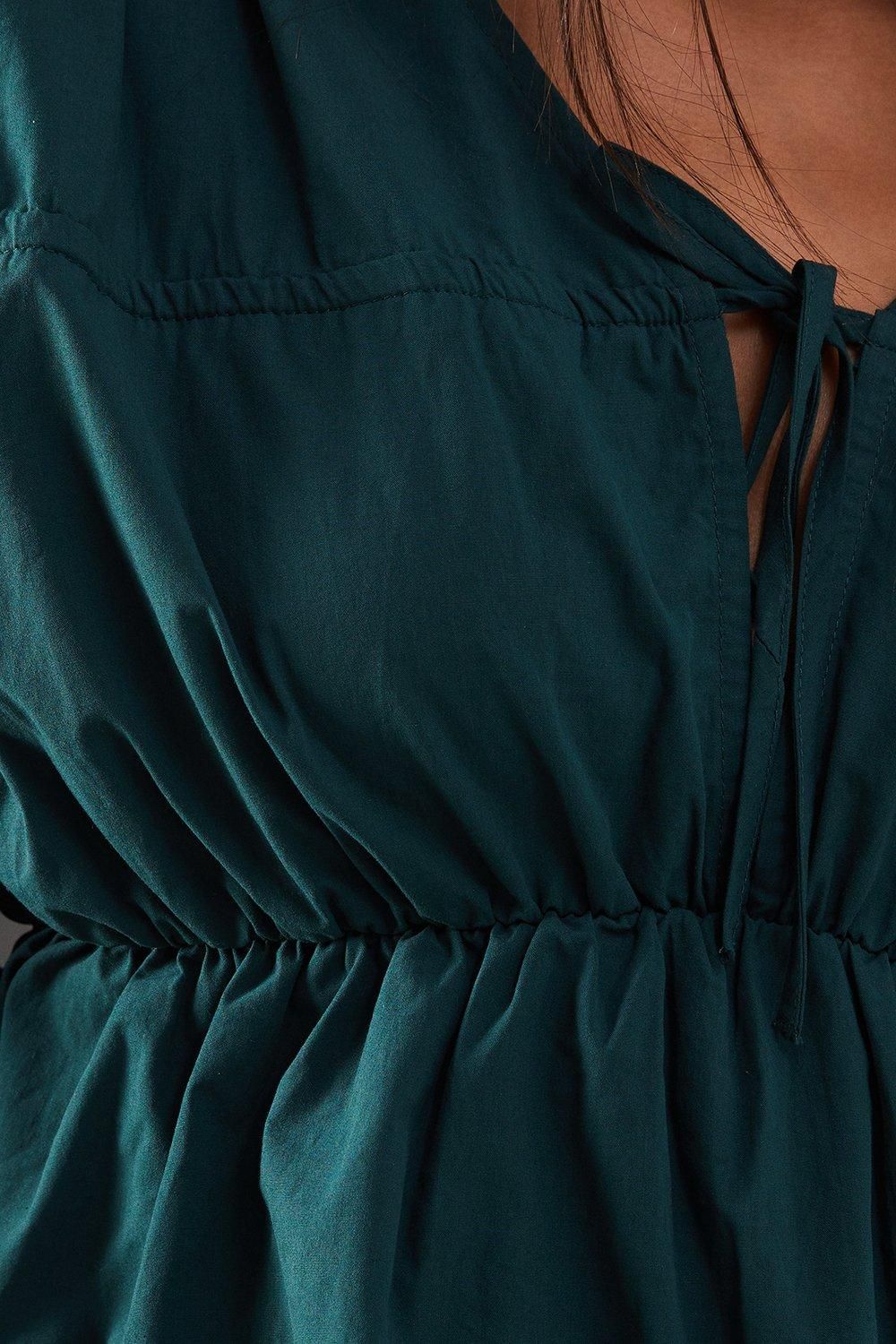 Warehouse Cotton Tie Front Volume Sleeve Blouse Dark Green image 5