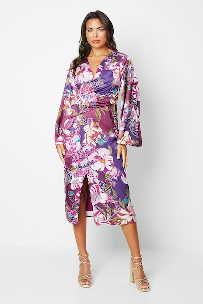 Coast Printed Satin Wrap Dress With Flare Sleeve Berry
