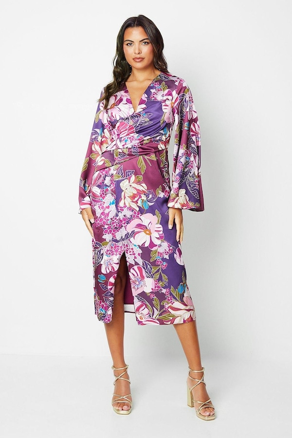 Coast Printed Satin Wrap Dress With Flare Sleeve Berry
