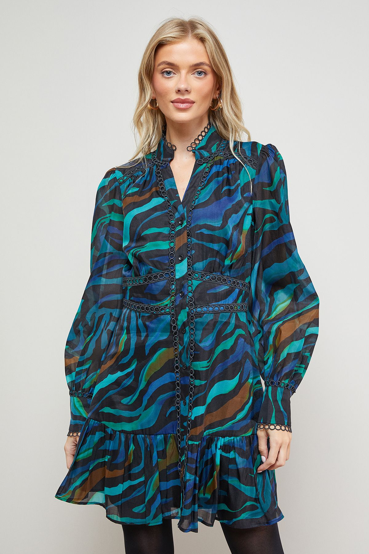 Oasis Printed Lace Trim Boho Shirt Mini Dress Multi image 2