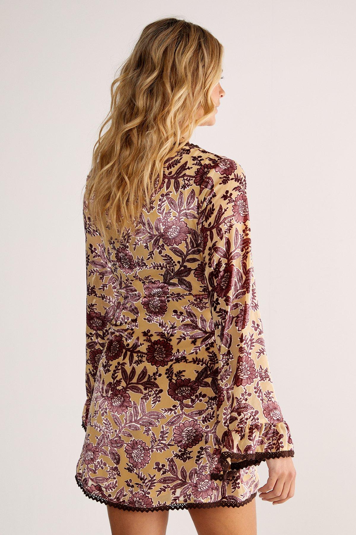 NastyGal Vintage Floral Devore Lace Trim Ruffle Sleeve Mini Dress Beige image 4