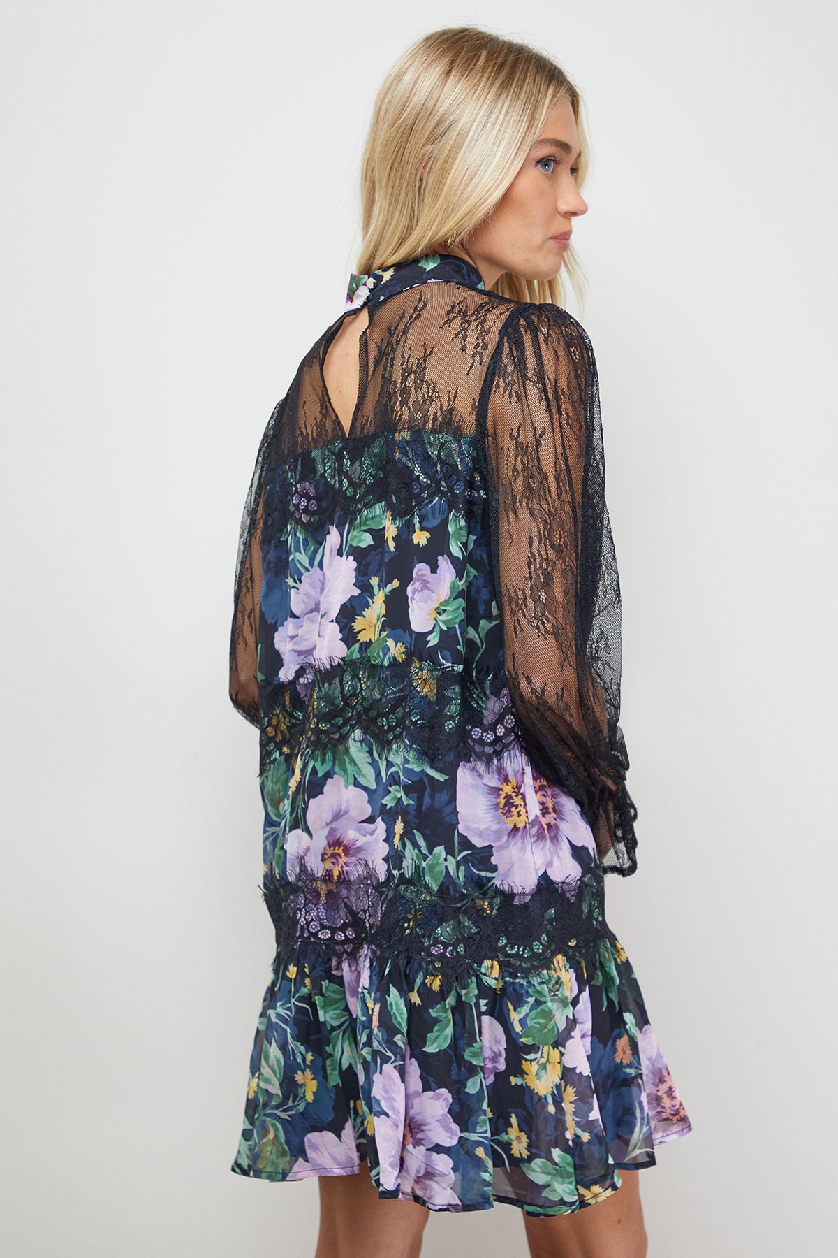Oasis Printed Lace Tiered High Neck Balloon Sleeve Mini Dress Floral image 3