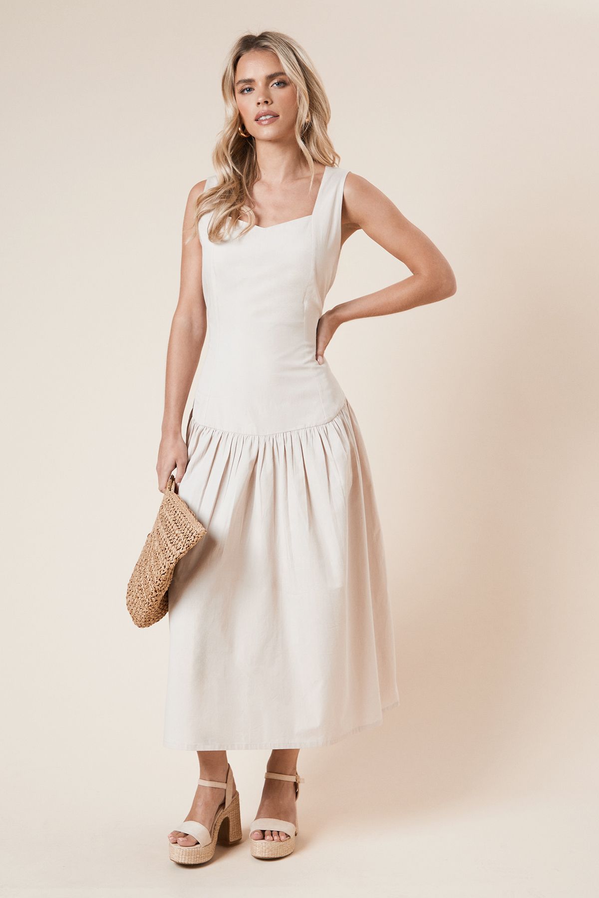 Dorothy Perkins Petite Dropped Waist Strappy Midi Dress Stone