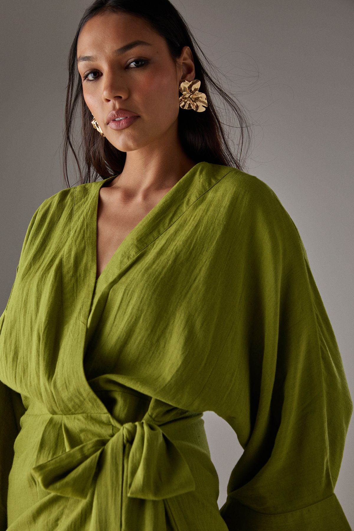 Warehouse Linen Wrap Kimono Mini Dress Chartreuse image 4