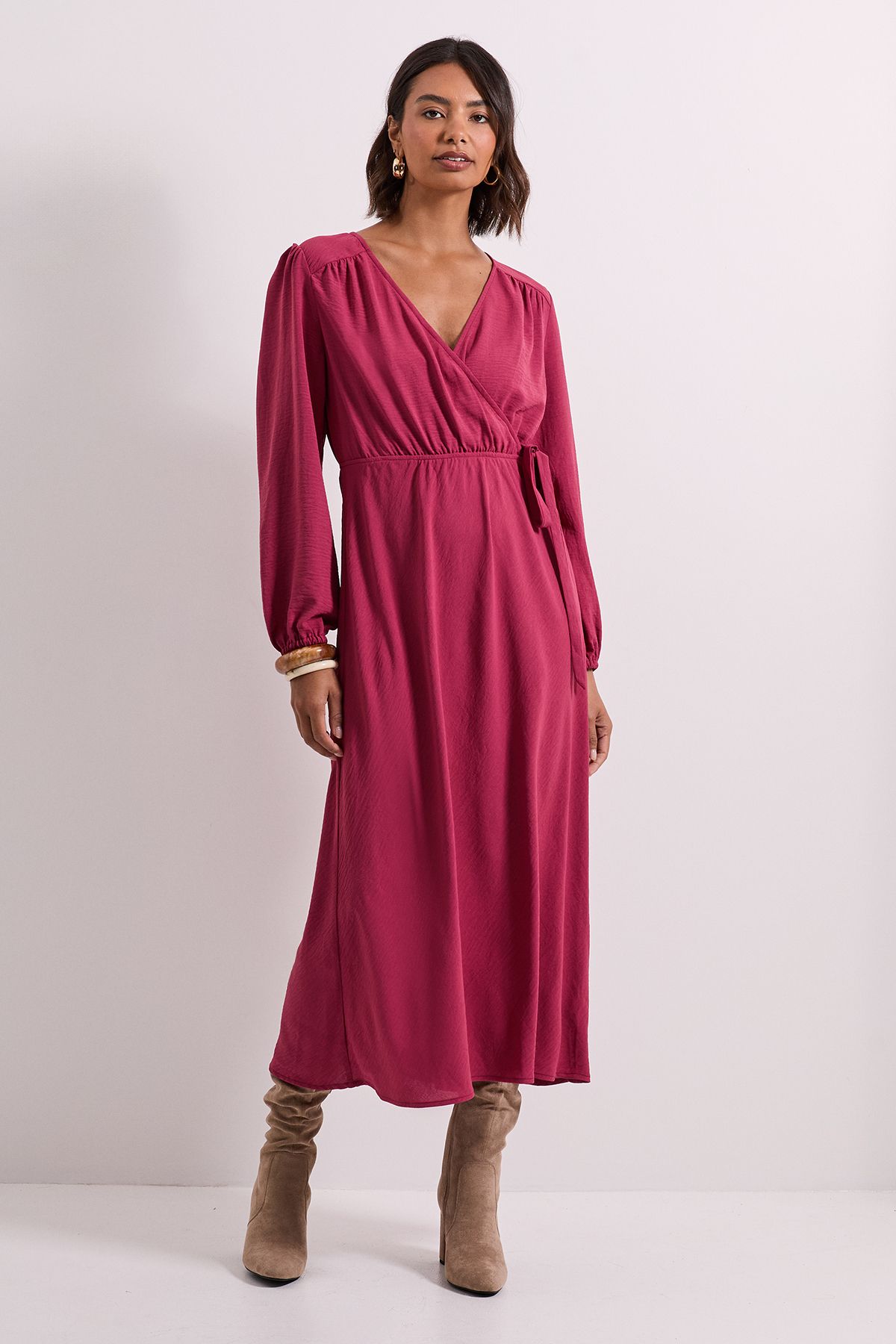Dorothy Perkins Wrap Detail Blouson Sleeve Midi Dress Rose image 1