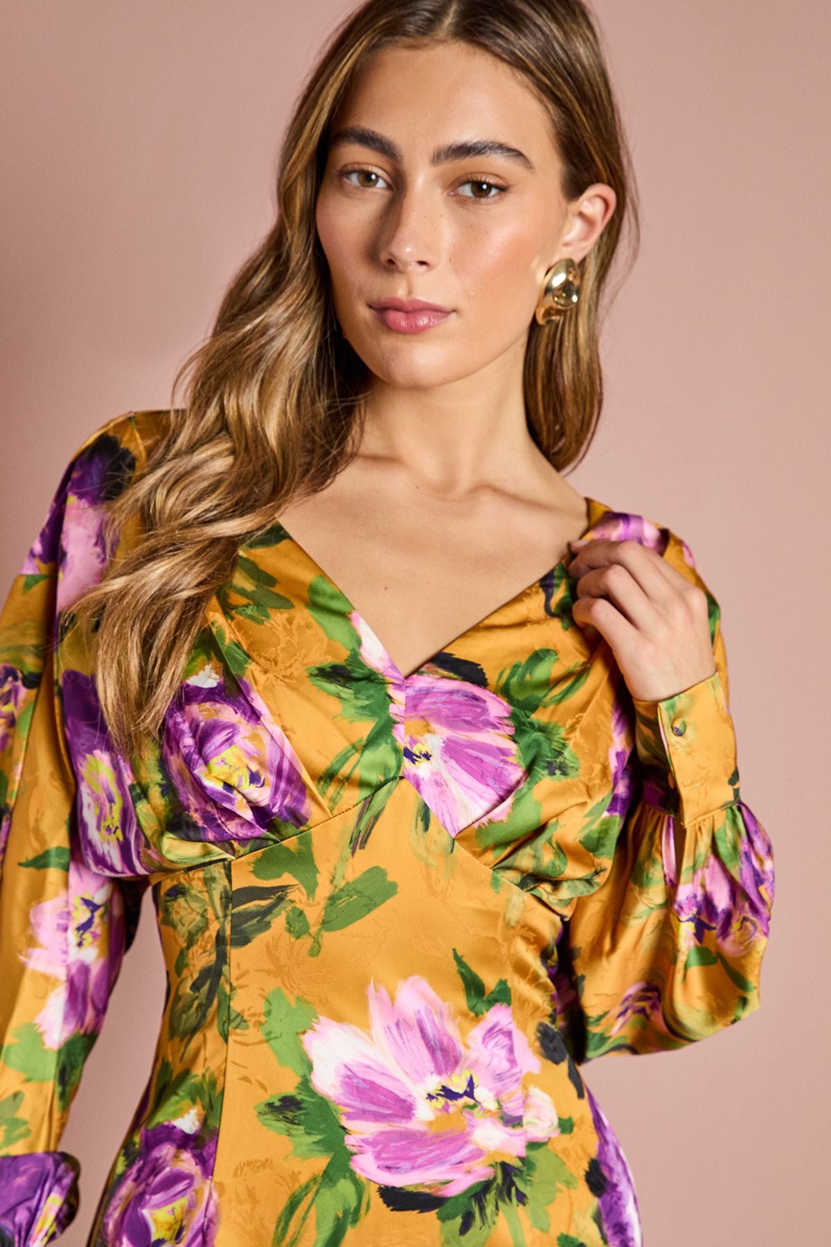 Coast Printed Long Sleeve Satin Maxi Dress With Cowl Back Chartreuse image 4