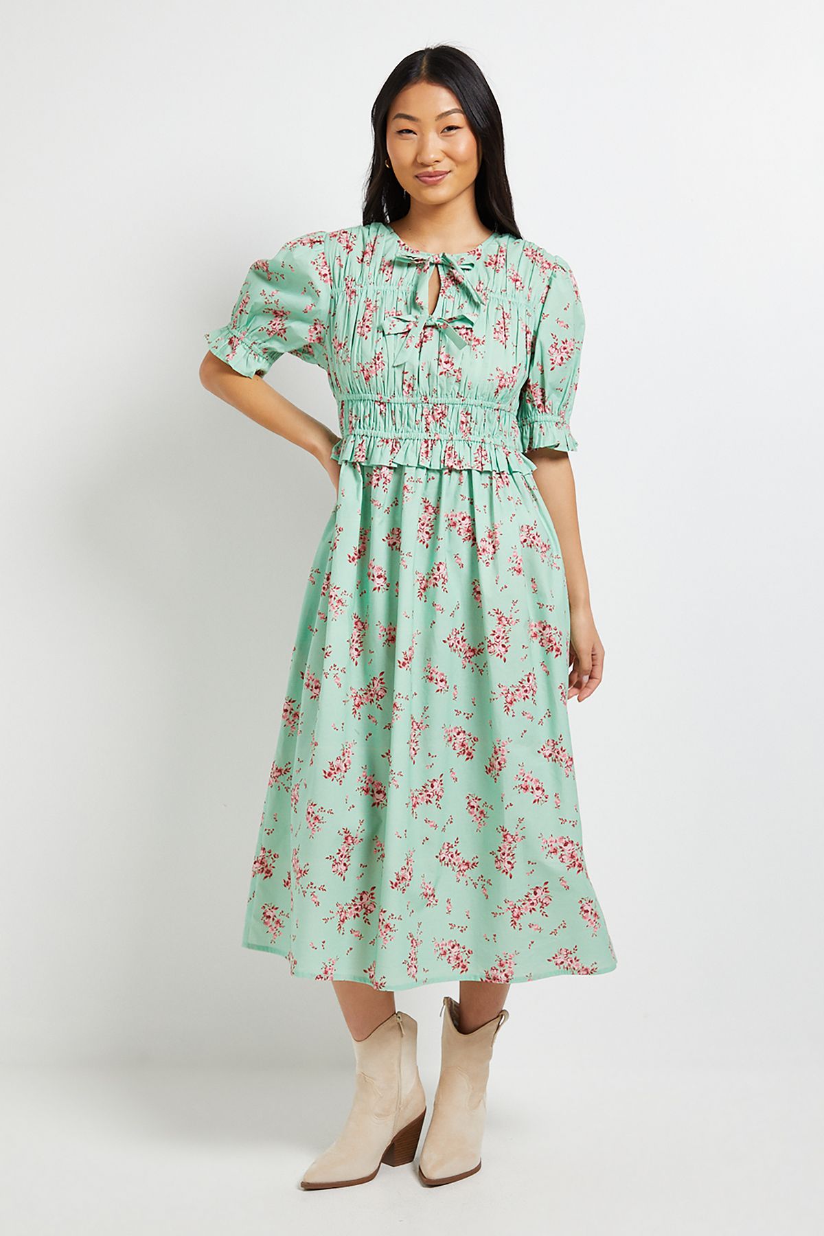 Dorothy Perkins Petite Tie Front Frill Sleeve Printed Poplin Midi Dress Floral