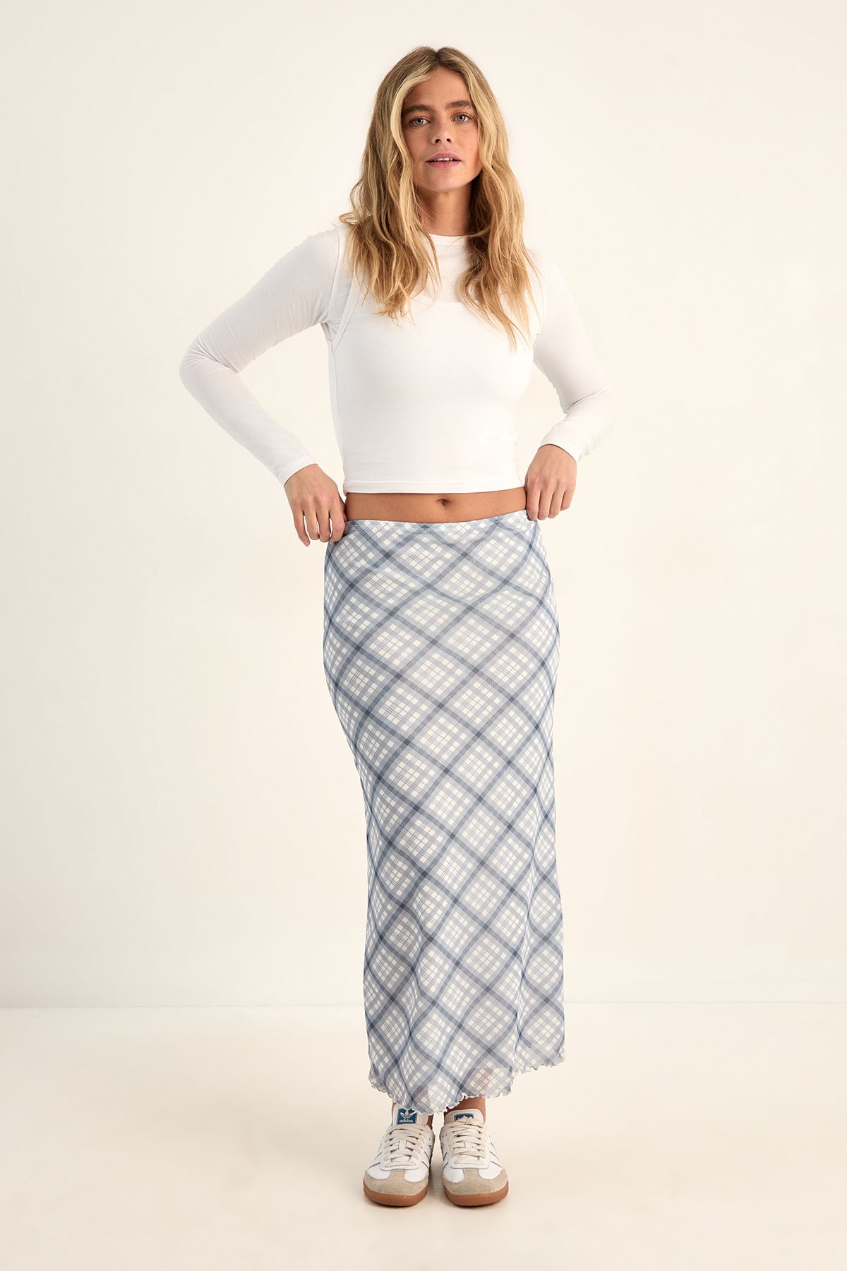 NastyGal Printed Plaid Mesh Maxi Skirt Light Blue