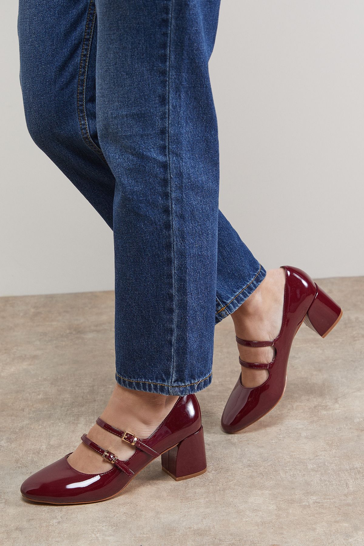 Oasis Visha Faux Patent Leather Double Mary Jane High Block Heel Court Shoes Oxblood image 1