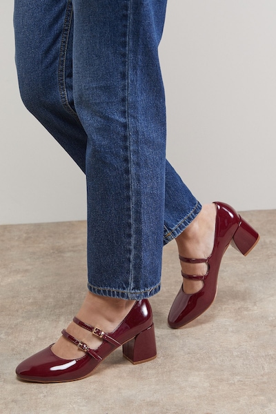 Oasis Visha Faux Patent Leather Double Mary Jane High Block Heel Court Shoes Oxblood
