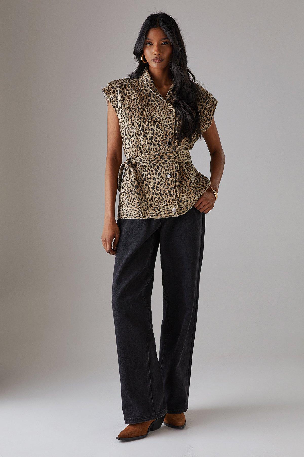 Warehouse Leopard Print Sleeveless Denim Jacket Animal image 5